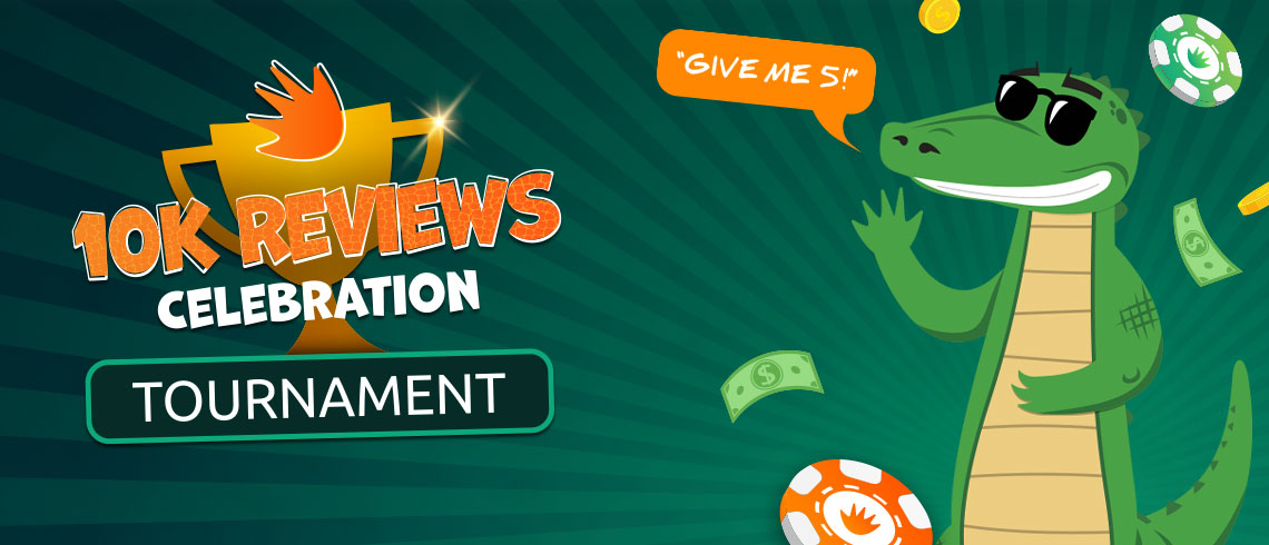 10K reviews celebration, Croco with trophy, casino chips and money 10K reviews celebration, Croco with trophy, casino chips and money