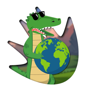 wearing sunglasses, standing upright and hugging a stylized Earth, against a dark background with faint outlines of mountains.