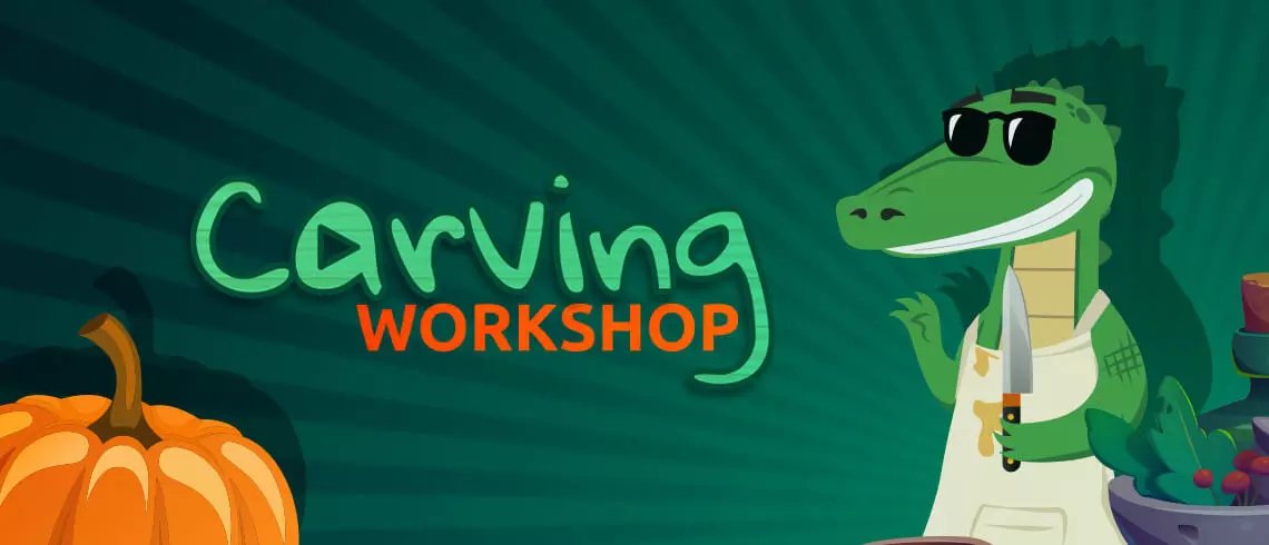 Croco with a knife ready to carve a pumpkin for Halloween  Croco with a knife ready to carve a pumpkin for Halloween