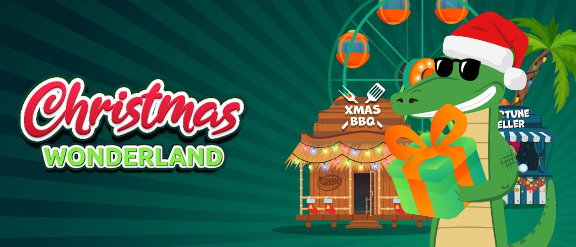 Croco wearing a christmas hat at Christmass Wonderland with Ferris wheel and presents Croco wearing a christmas hat at Christmass Wonderland with Ferris wheel and presents