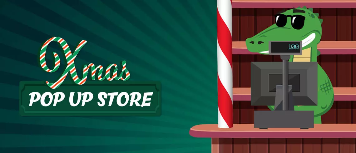 PlayCroco Casino Christmas Pop-Up Store featuring Croco in sunglasses at a festive counter with candy cane decorations PlayCroco Casino Christmas Pop-Up Store featuring Croco in sunglasses at a festive counter with candy cane decorations