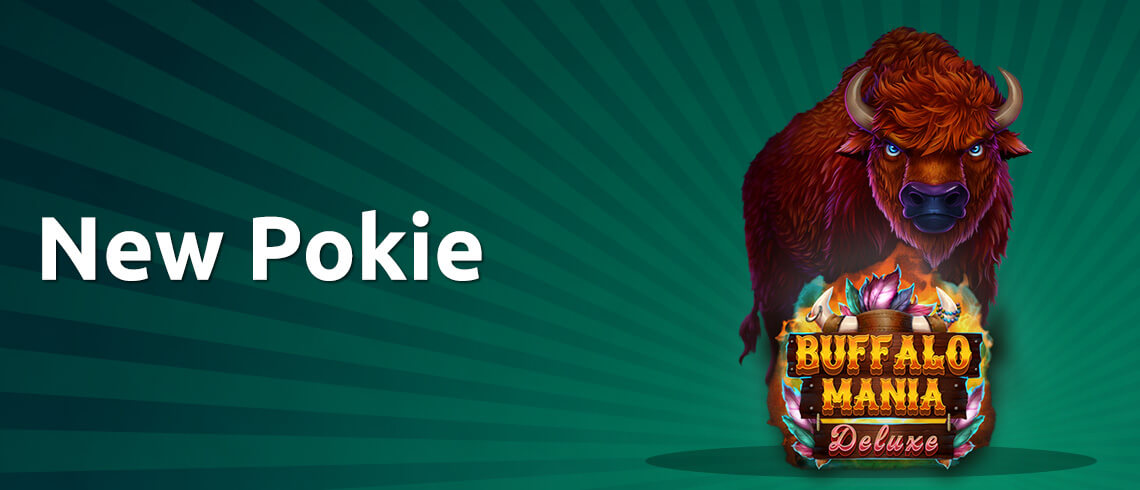 New Pokie announcement for the Buffalo Mania Deluxe slot game launching at PlayCroco Online Casino, featuring a fierce buffalo with blue eyes against a green striped background.