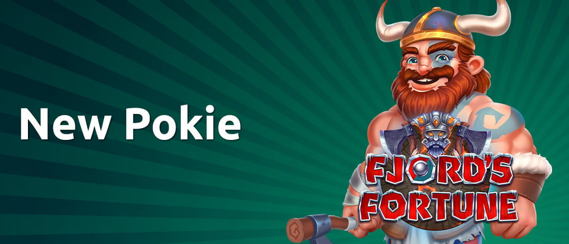 Fjord’s Fortune new pokie game featuring a smiling Viking warrior with a horned helmet and battle axe on a green striped background.