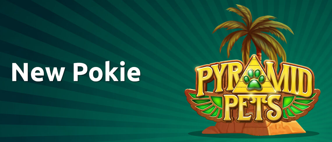 Promotional banner for 'New Pokie Pyramid Pets' with a palm tree and golden Egyptian-style logo Promotional banner for 'New Pokie Pyramid Pets' with a palm tree and golden Egyptian-style logo