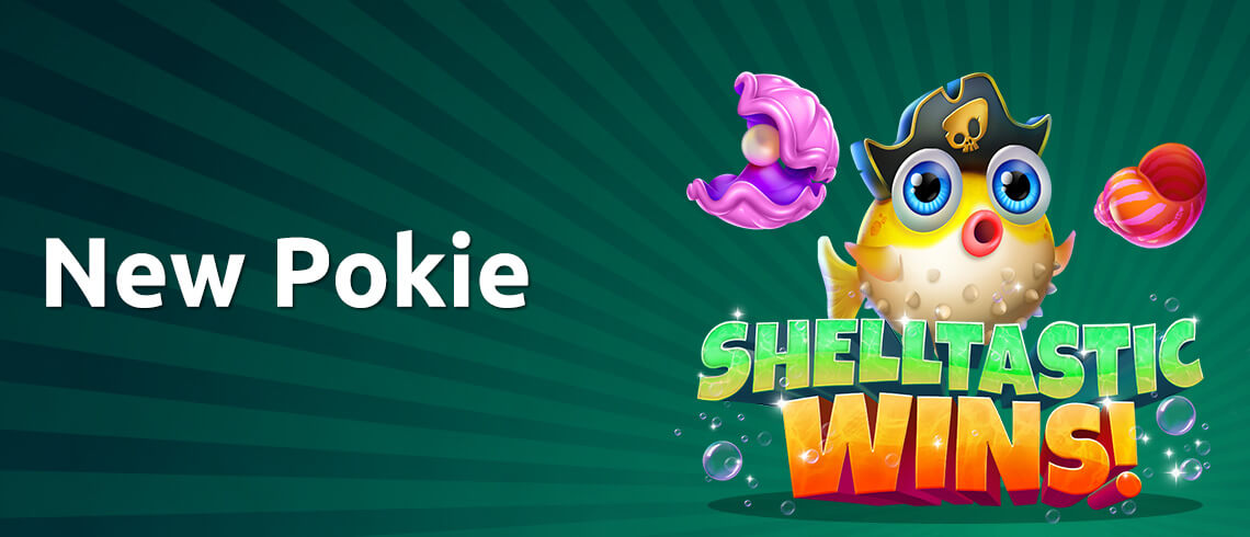 Promotional banner for the brand new pokie, 'Shelltastic Wins!' featuring a cheerful blowfish sporting a pirate hat, surrounded by colorful floating seashells and sparkling pearls, against a lively green backdrop. Promotional banner for the brand new pokie, 'Shelltastic Wins!' featuring a cheerful blowfish sporting a pirate hat, surrounded by colorful floating seashells and sparkling pearls, against a lively green backdrop.