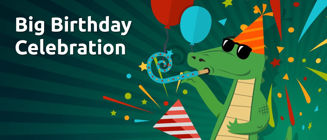 Croco with party hat, streamers, balloons and blowout  Croco with party hat, streamers, balloons and blowout