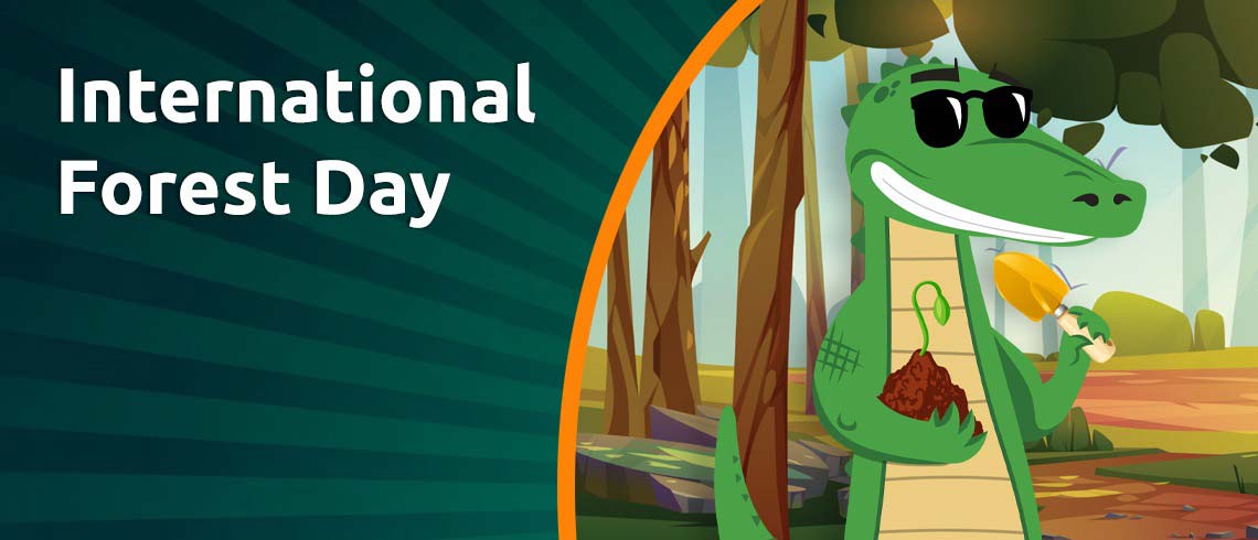 Croco mascot with spade and seedling in a forest Croco mascot with spade and seedling in a forest